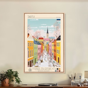 Tartu Estonia Travel Poster Framed Canvas Print, Midcentury Modern Art, Pop Art Wall Decor, Living Room Art, Home Decoration