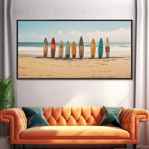 Boho Beach Decor, Framed Canvas Print, Retro Surf Boards In The Sand, Living Room Decor, Gift For Him, Surfer Gift