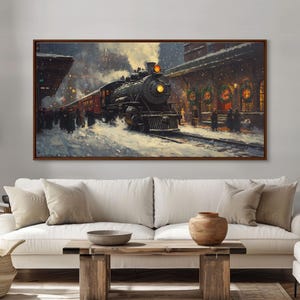 Winter Train Station Framed Canvas Print, Snowy Christmas Scene, Vintage Holiday Decor, Christmas Home Decor, Trendy Christmas Art