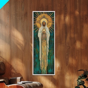Art Deco Christian Canvas Print, Eucharistic Adoration Scene, Light Oak Frame afbeelding 2