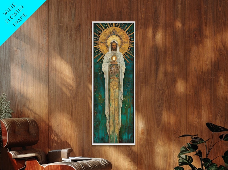 Art Deco Christian Canvas Print, Eucharistic Adoration Scene, Light Oak Frame afbeelding 2