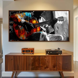 Guitarrista, música, expresión, momento musical melancólico capturado en esta impresión en lienzo enmarcada, arte bohemio para sala de música, arte de pared para estudio artístico imagen 6