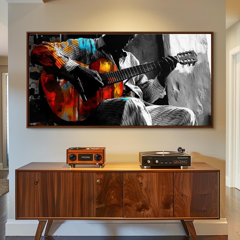 Guitarrista, música, expresión, momento musical melancólico capturado en esta impresión en lienzo enmarcada, arte bohemio para sala de música, arte de pared para estudio artístico imagen 6