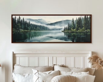 Ready To Hang Panoramic Foggy Pine Forest Canvas Wall Art, Nature Wall Art, Misty Green Forest Print, Modern Home Decor, Ready To Hang Art