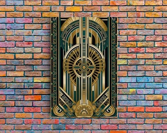 Art Deco Framed Canvas Print: Gold & Green Geometric Lines