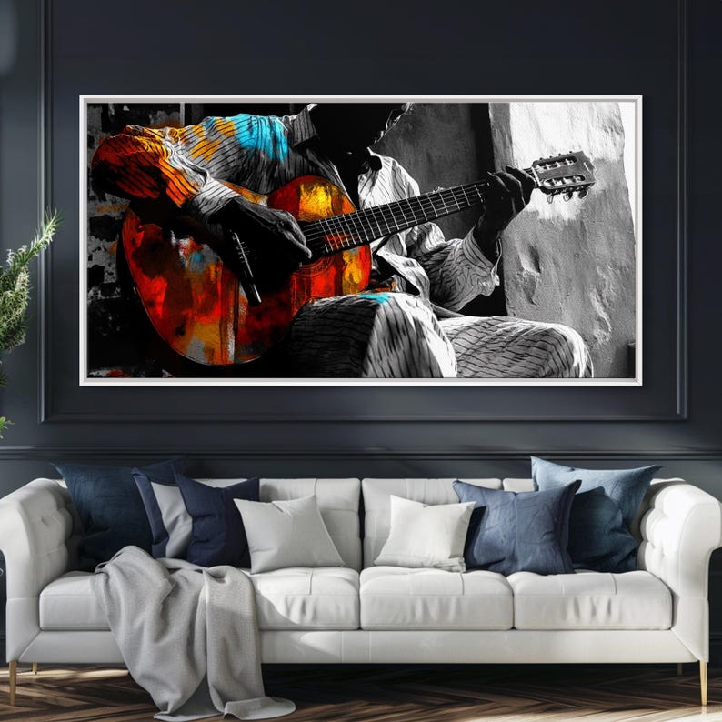 Guitarrista, música, expresión, momento musical melancólico capturado en esta impresión en lienzo enmarcada, arte bohemio para sala de música, arte de pared para estudio artístico imagen 16