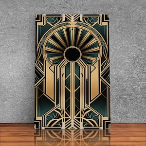 Art Deco Framed Canvas Print: Gold & Green Geometric Wall Art