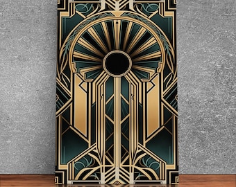 Art Deco Framed Canvas Print: Gold & Green Geometric Wall Art