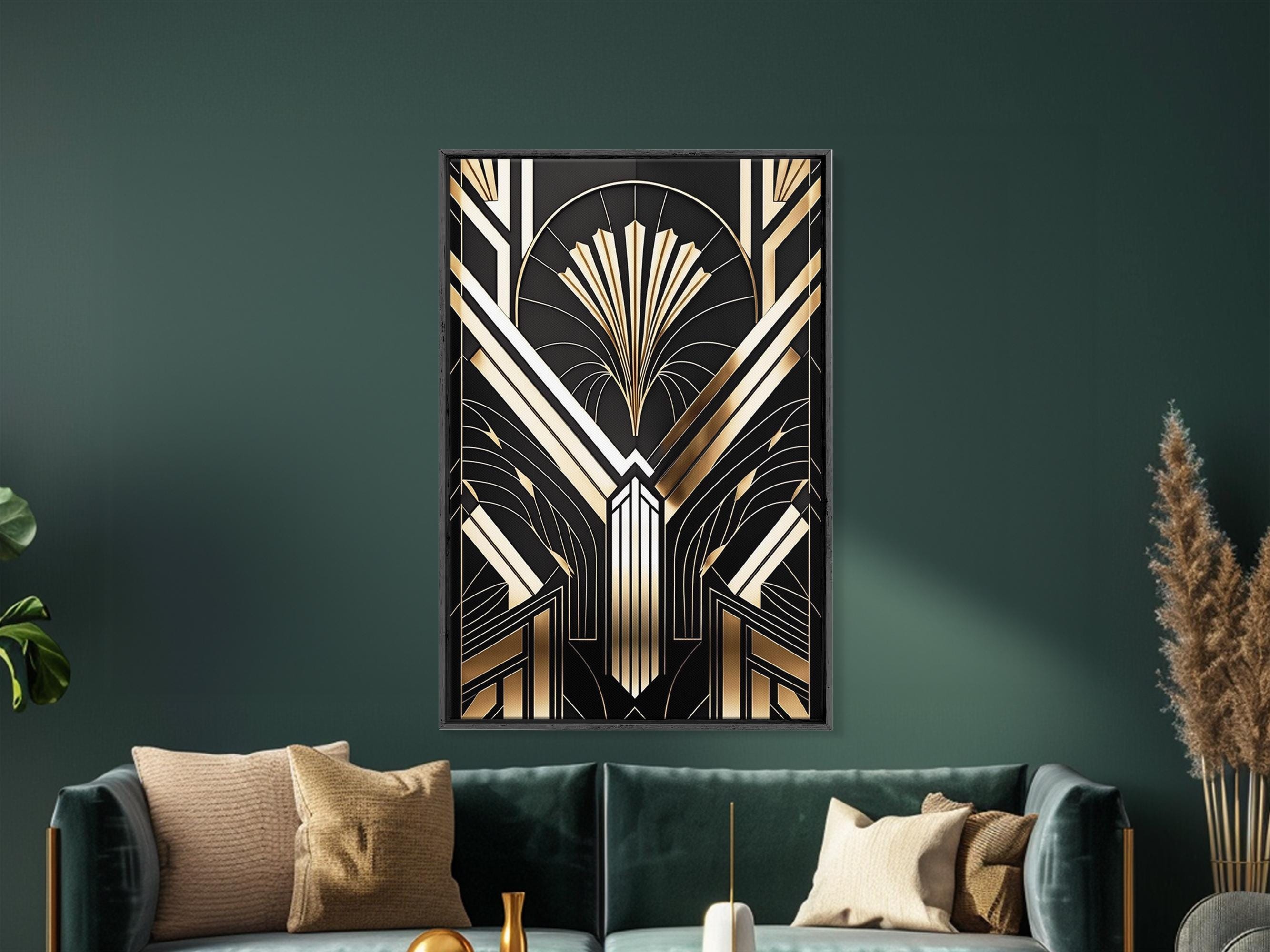 Art Deco Framed Canvas Print: Gold & Black Abstract Wall Art, Unique ...