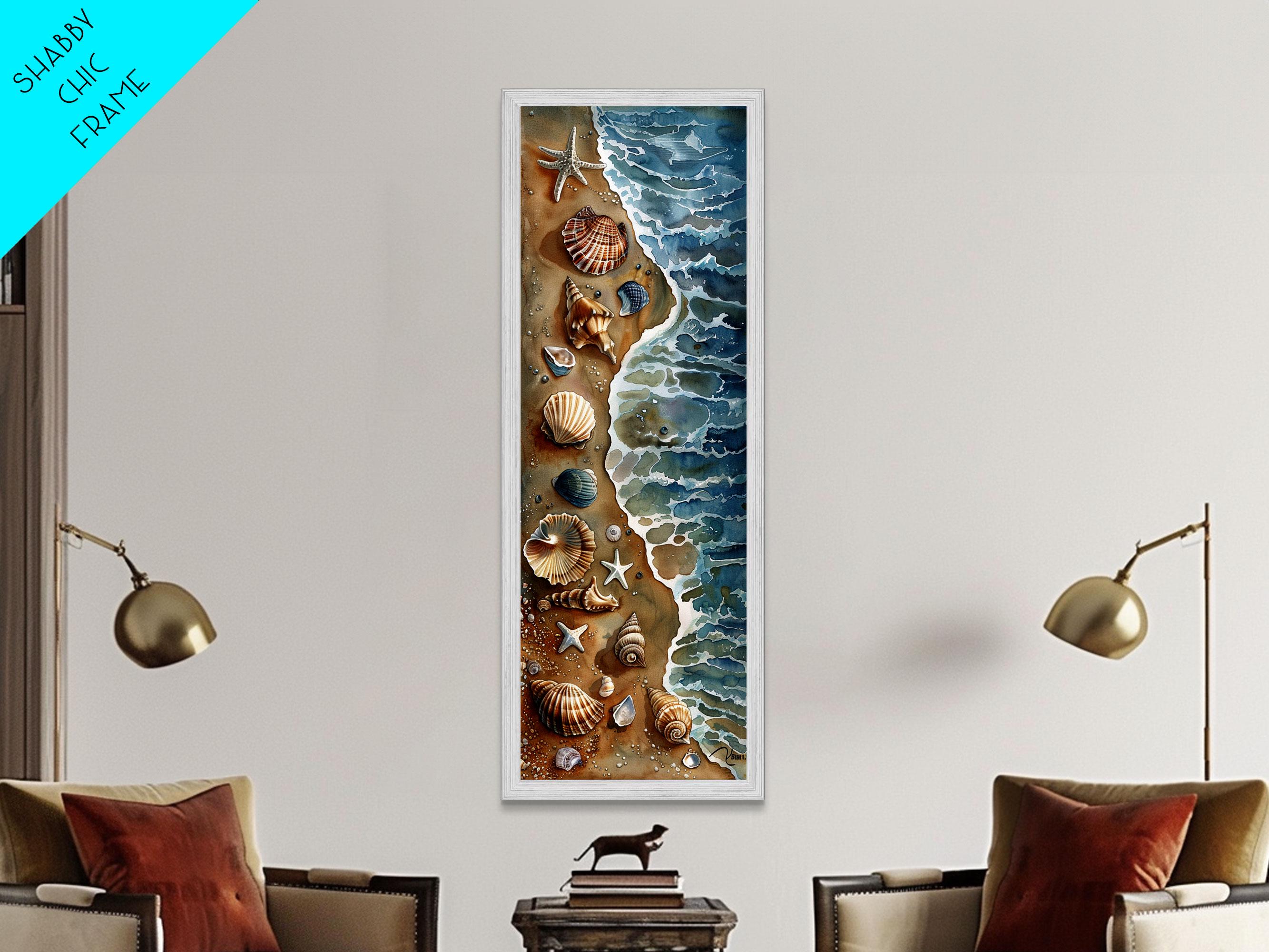 Seashells and Starfish Beach Art - Framed Canvas Print, Skinny Tall Art, Coastal Wall Art, Living Room Decor, Bedroom Art, Seashell Painting
