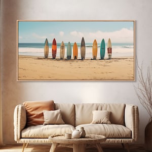 Boho Beach Decor, Framed Canvas Print, Retro Surf Boards In The Sand, Living Room Decor, Gift For Him, Surfer Gift