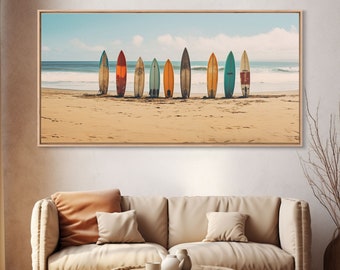 Boho Beach Decor, Framed Canvas Print, Retro Surf Boards In The Sand, Living Room Decor, Gift For Him, Surfer Gift