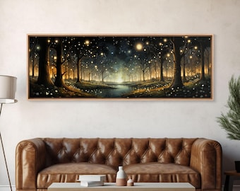 Fantasy Forest Fireflies Framed Canvas Art: Magical Glowing Bugs