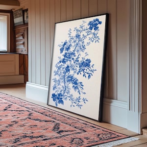 Blue Floral Print, Chinoiserie Wall Art, Framed Canvas, Canvas Art Home Decor, Chinoiserie Style Painting NUEVART