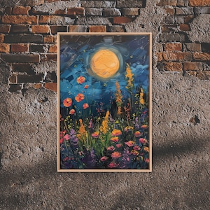 Framed Print Of A Mystical Moonlit Night, Canvas Print, Moon Above The Wildflower Forest, Nature Oil Painting Print, Garden at Midnight