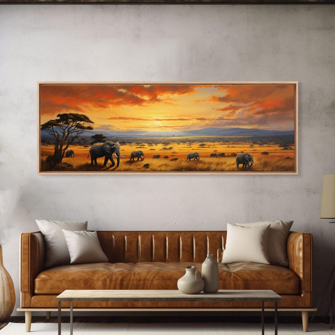 Savanna Elephants Framed Canvas Print: African Sunset Wall Art - Etsy