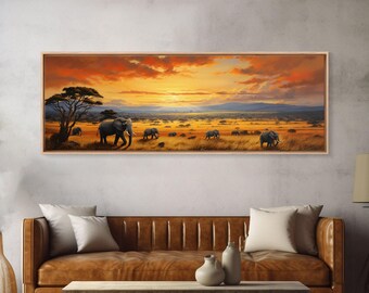 Savanna Elephants Framed Canvas Print: African Sunset Wall Art