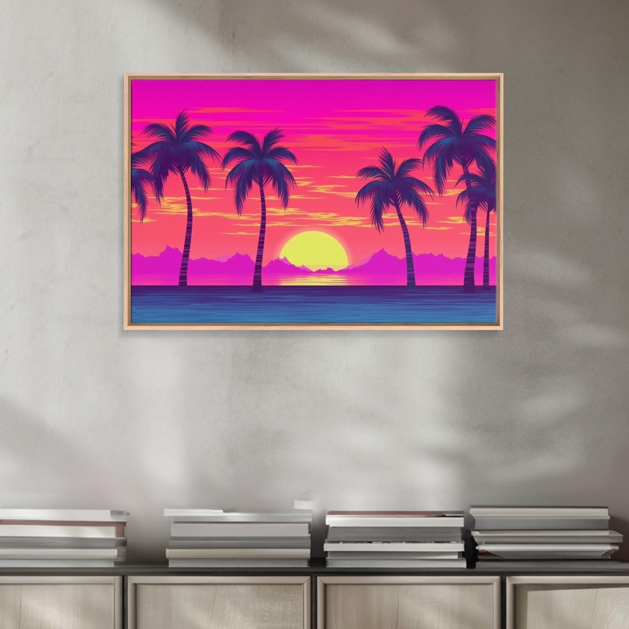 Synthwave Beach Sunset Canvas Print: Tropical Pop Art Wall Decor
