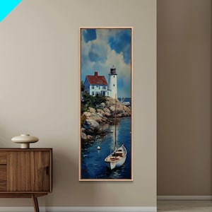 Canvas Print Lighthouse with Sailboat Art Nautical Decor Coastal Wall Art Cottagecore Maine Seascape Wall Art