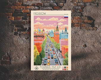 Moscow Russia Travel Poster Framed Canvas Print, Midcentury Modern