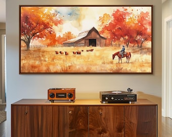 Cowboy on Horse Canvas Print: Rustic Autumn Farmhouse Wall Art