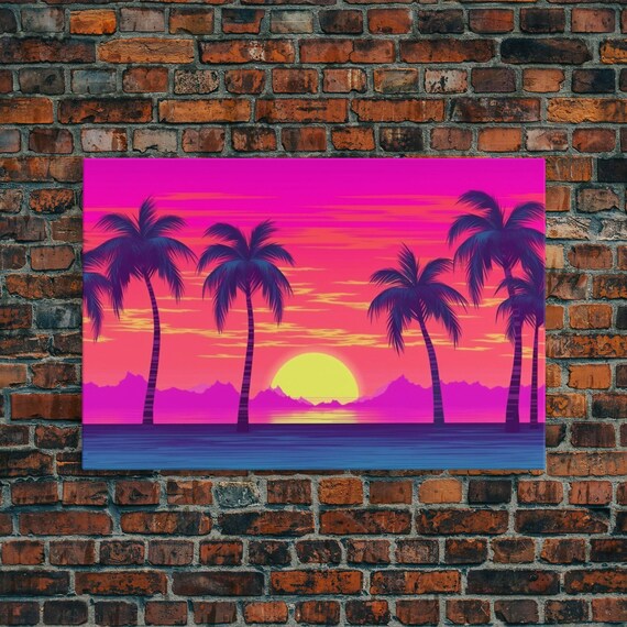 Synthwave Beach Sunset Canvas Print: Tropical Pop Art Wall Decor