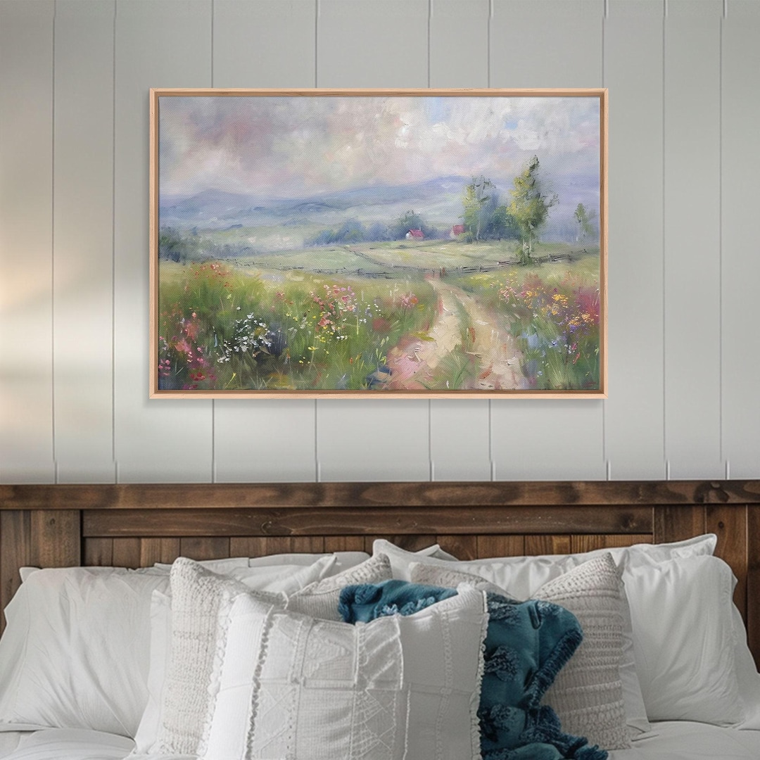 Farmhouse Landscape Canvas Print: Colorful Boho Wood Frame Wall Art - Etsy