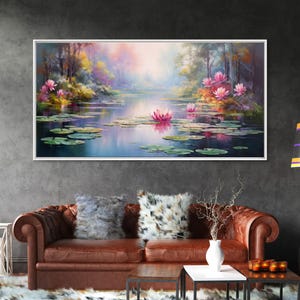 Water Lilies Pond Canvas Art: Panoramic Lake Landscape Print