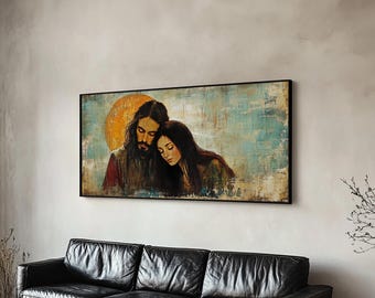 Noli Me Tangere Christ and Mary Magdalene | Art Deco Framed Canvas Print of Resurrection Encounter Above Sofa Large Christian Wall Art