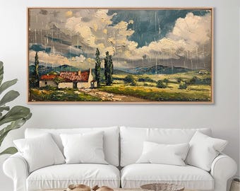 Rainy Day Cottage Framed Canvas Print: Textured Landscape Art