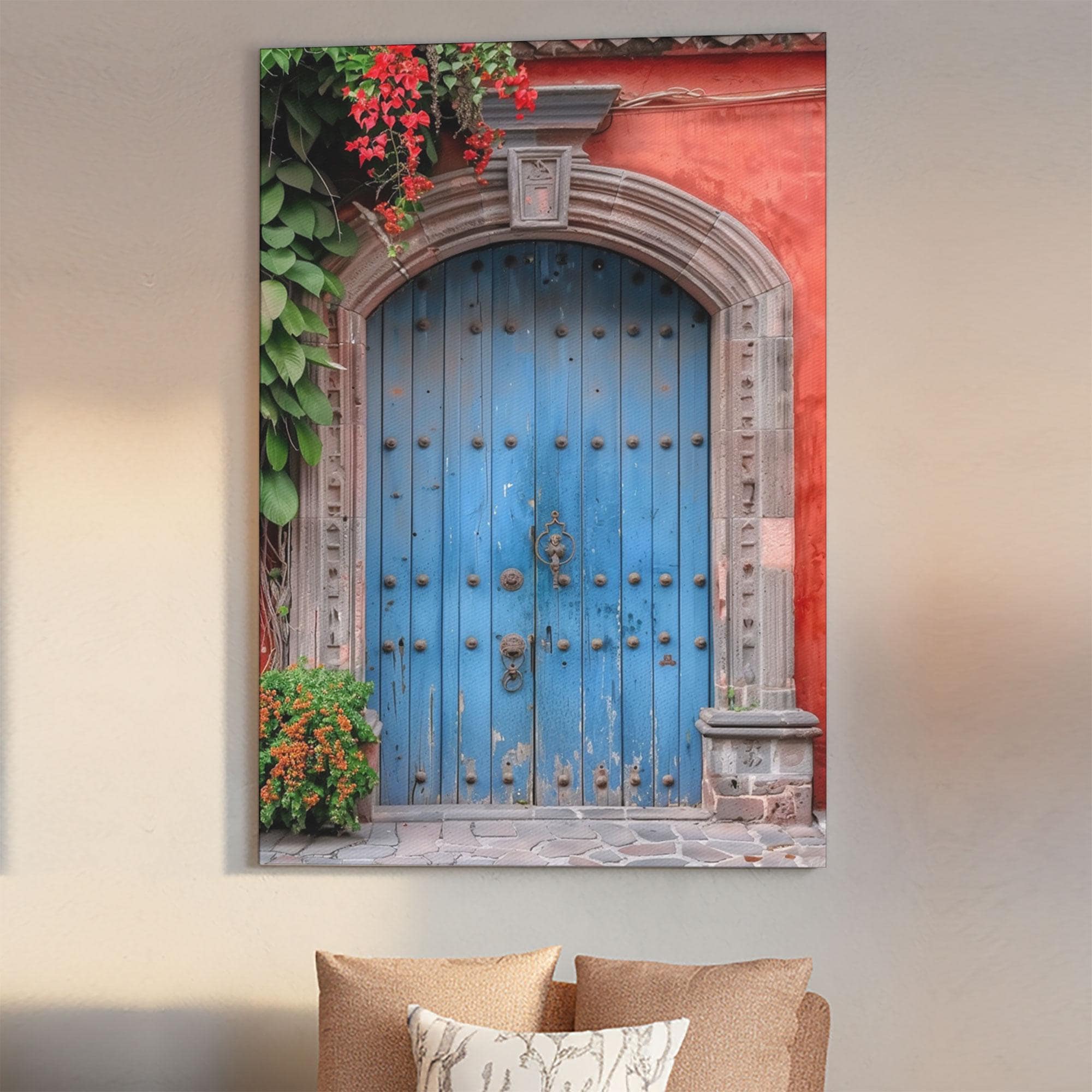 Traditional Mexican Style Rustic Blue Door Tall Art Framed Canvas