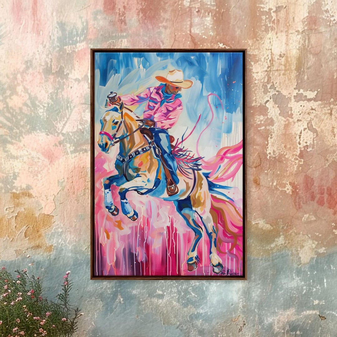 Dynamic Cowboy Horse Painting: Colorful Western Framed Canvas Art - Etsy