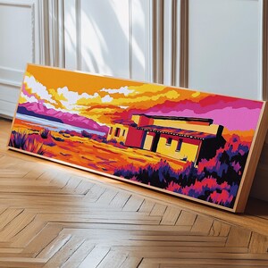 Desert House, Sunset Landscape, Vibrant Wall Art, Canvas Print, Western Home Decor, Colorful Southwest, Living Room Art, Bold Painting