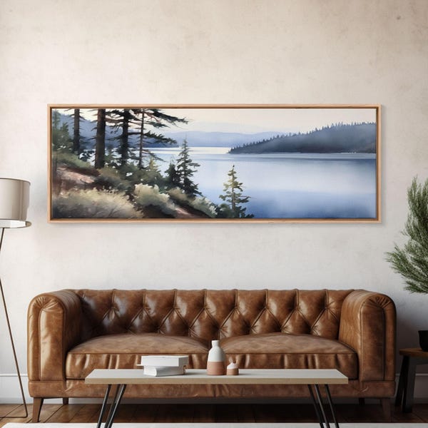Watercolor Lake Canvas Print: Panoramic Nature Wall Art