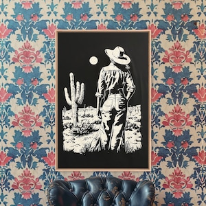Cowgirl Guitarist Art Print, Western Silhouette Framed Canvas, Vintage Country Music Artwork, Rustic Western Home Decor