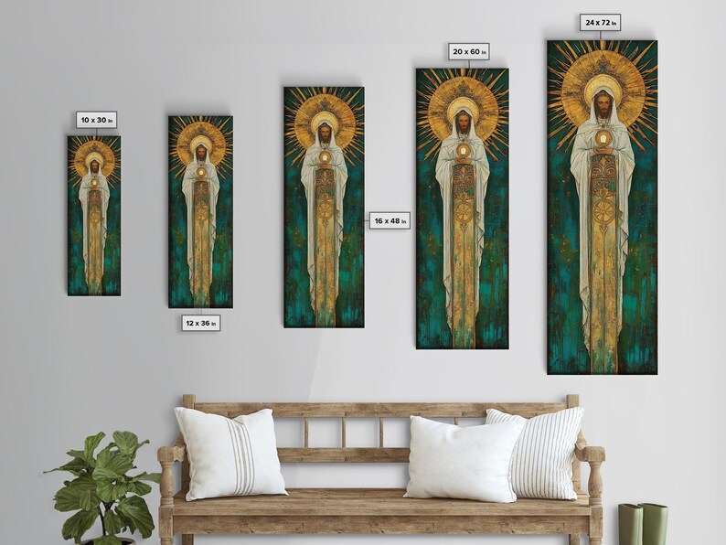 Art Deco Christian Canvas Print, Eucharistic Adoration Scene, Light Oak Frame afbeelding 8