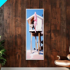 Beach Hut, Coastal Home, Seaside Escape, Nautical Decor, Ocean View, Warm Pastels, Beach House Art, Framed Canvas Print