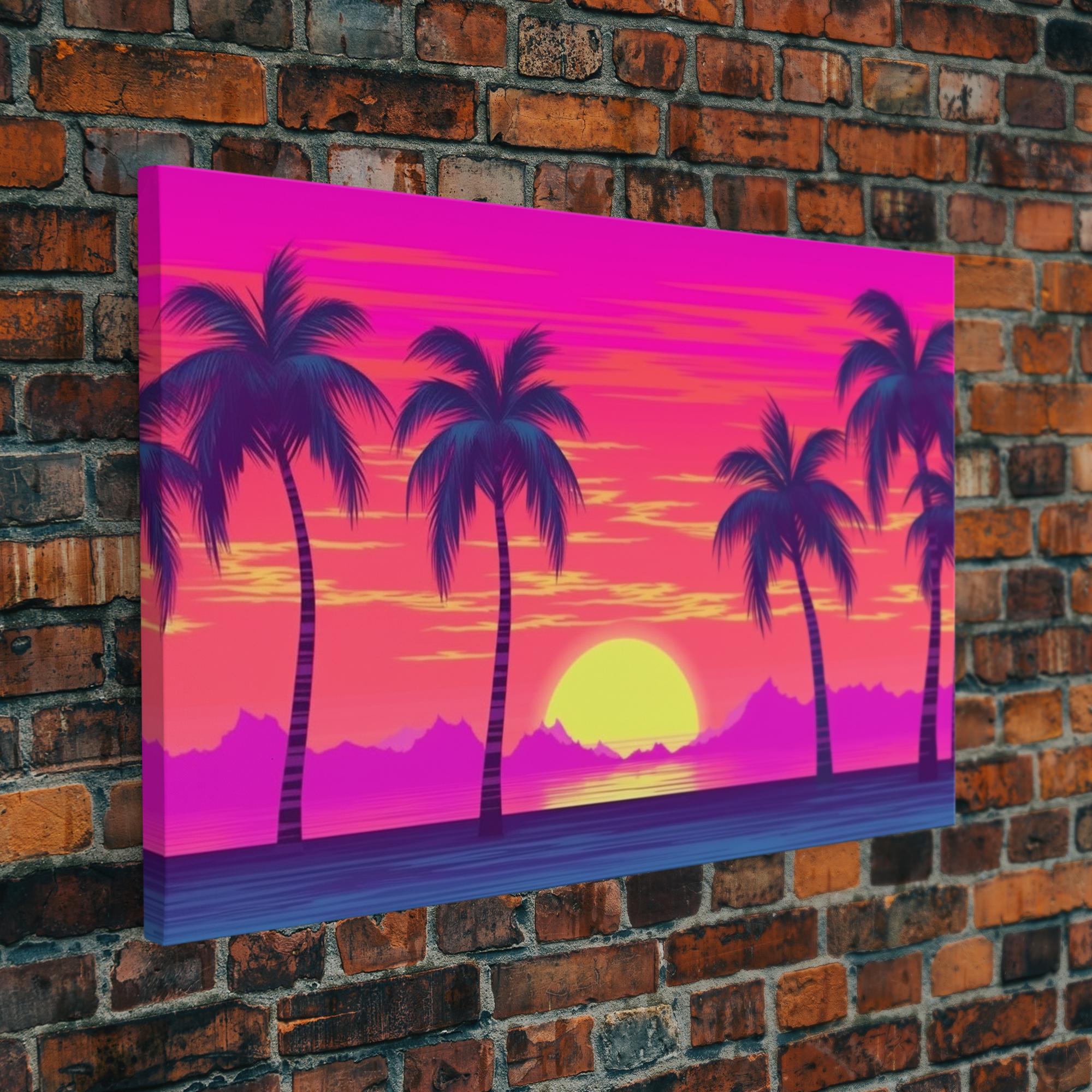 Synthwave Beach Sunset Canvas Print: Tropical Pop Art Wall Decor