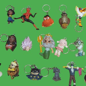 Vintage Keychains Mix Figures ,Enchanto, Goku, Moana, Clefairy Pokemon , Kids, Adults, Guard Ono, Batgirl, Griffin, Lambie, Owl, Trident