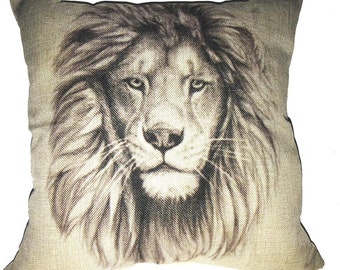 Lion Head Pillow Case 17 x 17 Cotton Linen Design Décor