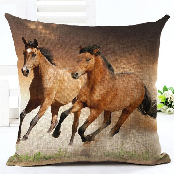 Running Horses Pillow Case 17 x 17 Cotton Linen Design Décor