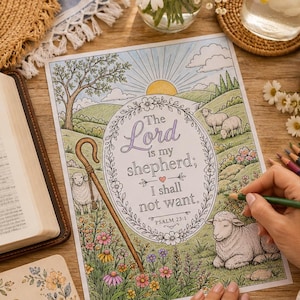 Christian Coloring Pages, Lord is My Shepherd Coloring Page, Faith Coloring Page with Nature, Craft for Adults,  Psalm Coloring Page