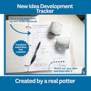 May include: A notebook page titled "New Idea Development Tracker" with handwritten notes and sketches of espresso cups. Two ceramic cups and a pen are on the page. Text includes "Transform inspiration into creation!" and "Sketch out your idea and then rate it."