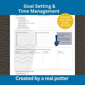 May include: A white planner with blue text for goal setting and time management, featuring sections for daily tasks and time blocks. A yellow starburst graphic says "Prioritise your tasks & stay focused."