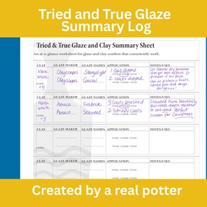 May include: A summary sheet for glazes and clay combinations, titled "Tried & True Glaze Summary Log". It includes handwritten notes on clay types, glaze makers, and application methods. The text "Created by a real potter" is at the bottom.