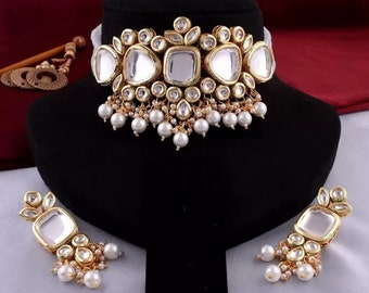 Handgemachte Bollwood Kundan Meena Halskette Set mit Ohrringen, Bollywood Schmuck, pakistanische Kundan Set, traditioneller Schmuck für Frauen