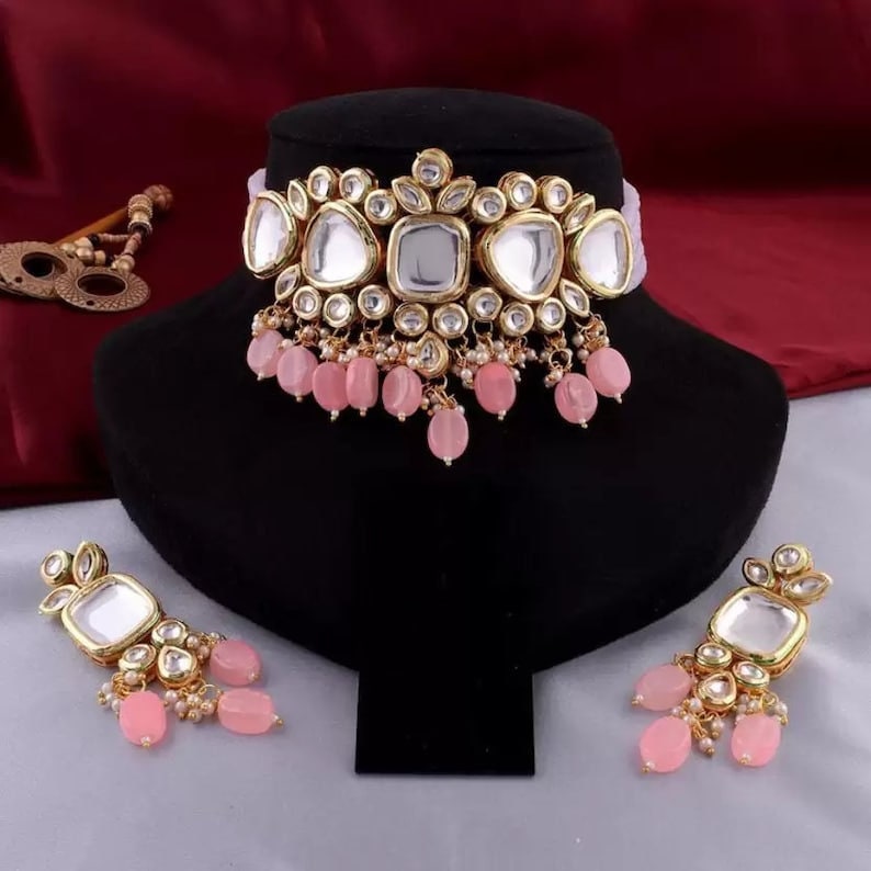 Handmade Bollwood Kundan Meena Necklace Set With Earrings , Bollywood Jewelry , Pakistani Kundan Set , Traditional Jewelry For Women C