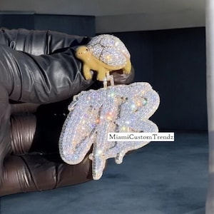 Colgante de letra personalizado Iced Out, colgante con nombre de moissanita, tortugas esmaltadas en 3D, dije de doble capa, plata 926, acabado en oro amarillo de 14 k, regalo para él