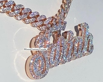 Cursive Font Letter Pendant, Real Moissanite Name Pendant, Crown Bail, 925 Silver, Iced Out Letter, Custom Design, 14k Rose Gold Over, Gift