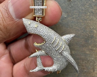 Iced Out Shark Pendant, Moissanite Diamond 3D Shark pendant, 925 Sterling Silver, Rapper Pendant, 14k Yellow Gold Finish, Gift For Him